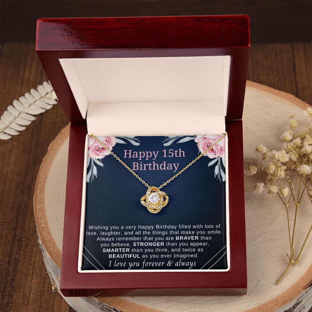 15th birthday gift ideas with gold necklace and sentimental message card