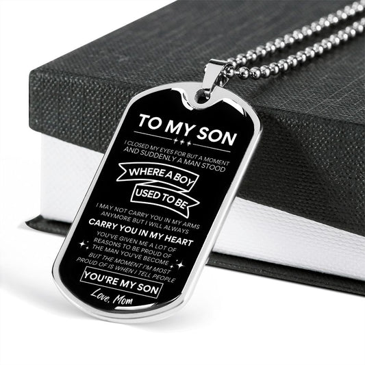 To Son to Mom Dog Tag Necklace - Carry You in my Heart
