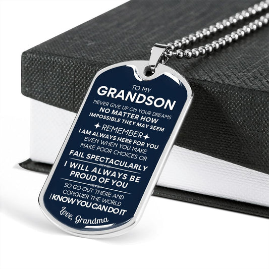 Grandmother Gift for Grandson - Never Give Up - Military Dog Chain Necklace