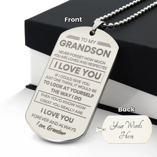 Engraved Dog Tag Necklace for Grandson - I Love You